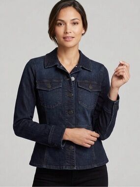Democracy Dark Wash Denim Peplum Jean Jacket Structured Fit Button Front Indigo